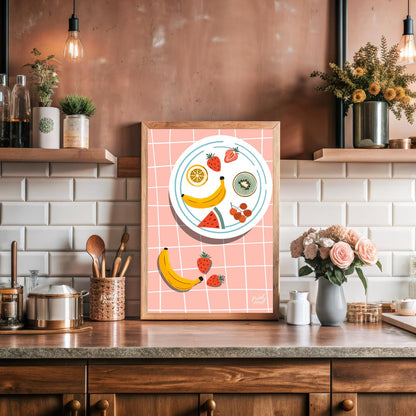 This vibrant and refreshing poster presents an artistic arrangement of various tropical fruits on a… for kitchen