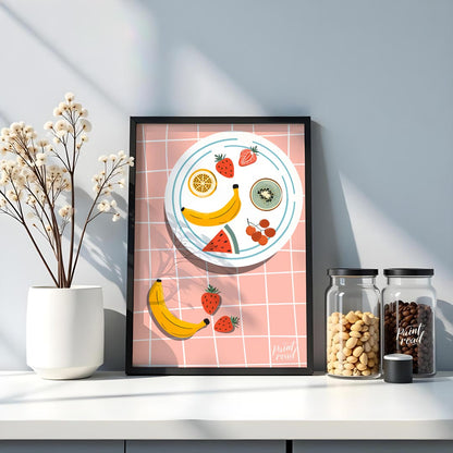 This vibrant and refreshing poster presents an artistic arrangement of various tropical fruits on a… for kitchen