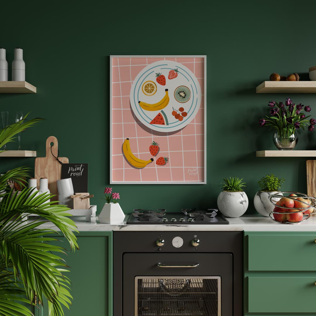 This vibrant and refreshing poster presents an artistic arrangement of various tropical fruits on a… for kitchen