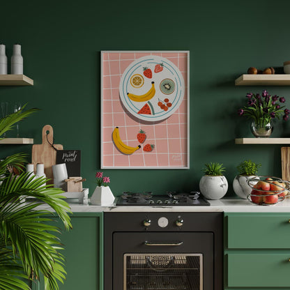 This vibrant and refreshing poster presents an artistic arrangement of various tropical fruits on a… for kitchen