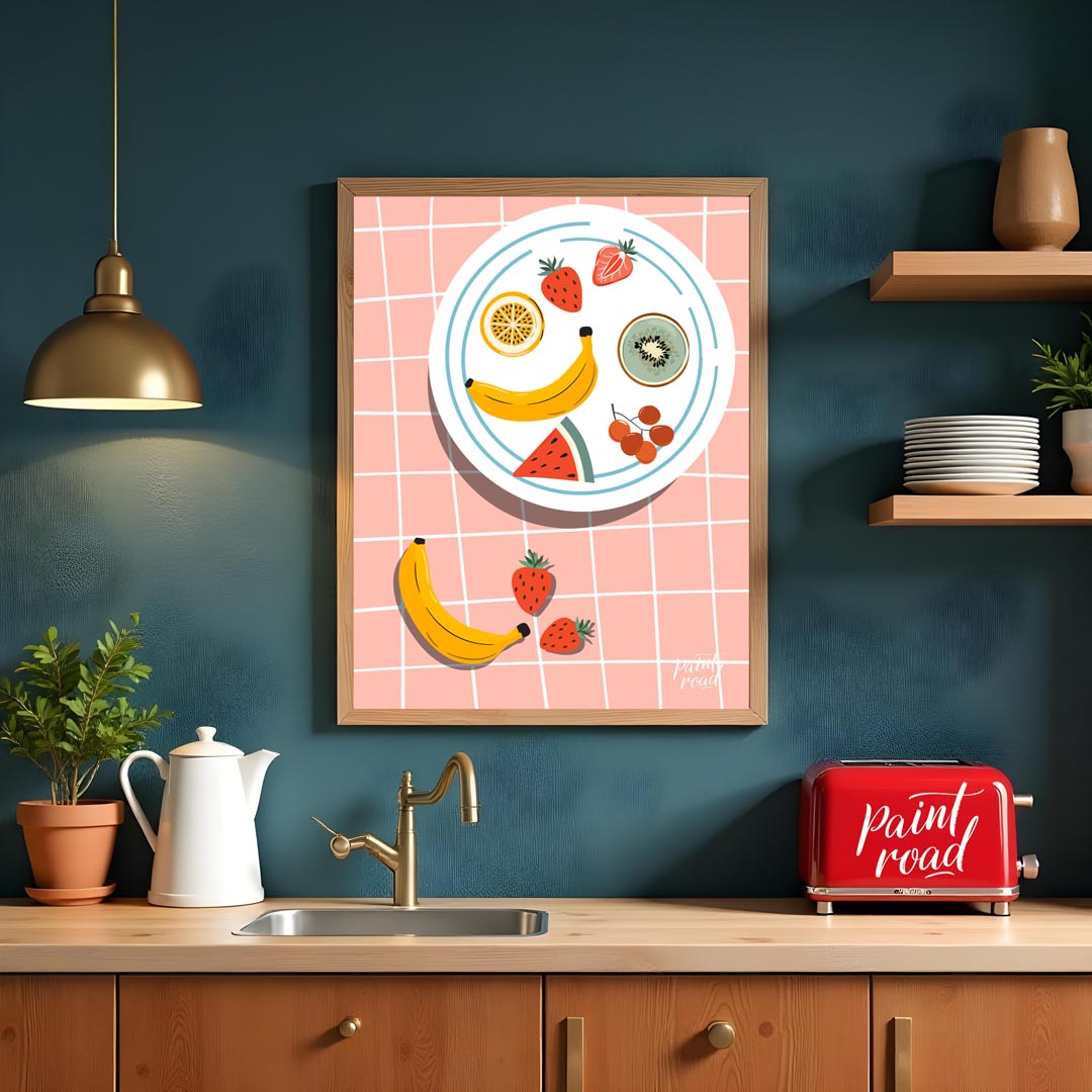 This vibrant and refreshing poster presents an artistic arrangement of various tropical fruits on a… for kitchen