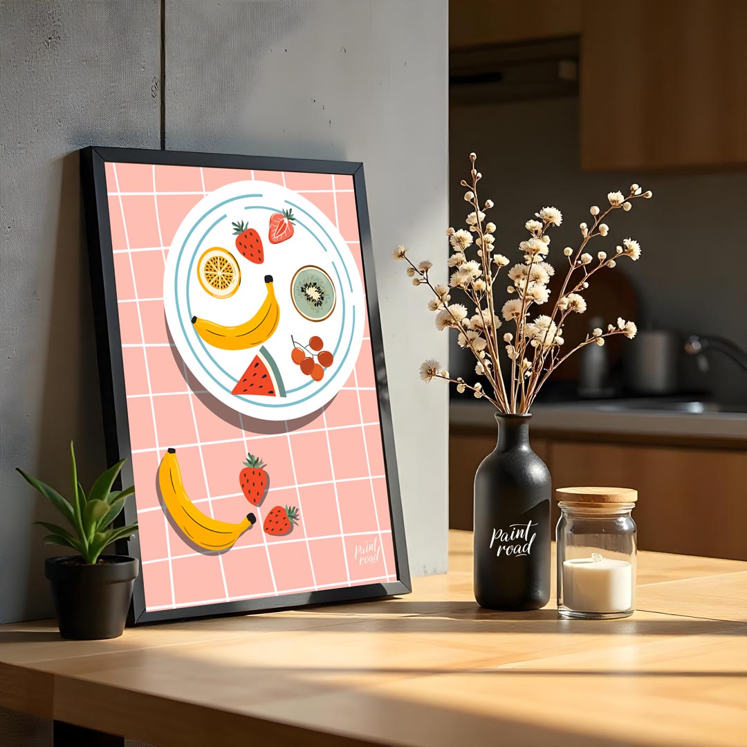 This vibrant and refreshing poster presents an artistic arrangement of various tropical fruits on a… for kitchen