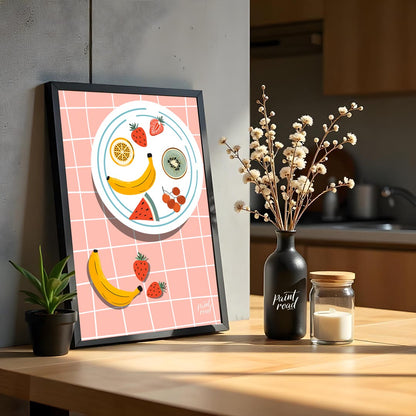 This vibrant and refreshing poster presents an artistic arrangement of various tropical fruits on a… for kitchen