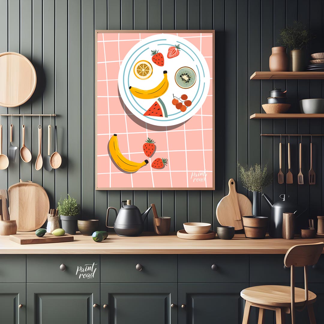 This vibrant and refreshing poster presents an artistic arrangement of various tropical fruits on a… for kitchen