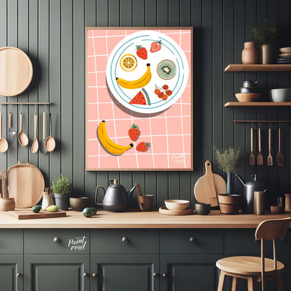 This vibrant and refreshing poster presents an artistic arrangement of various tropical fruits on a… for kitchen