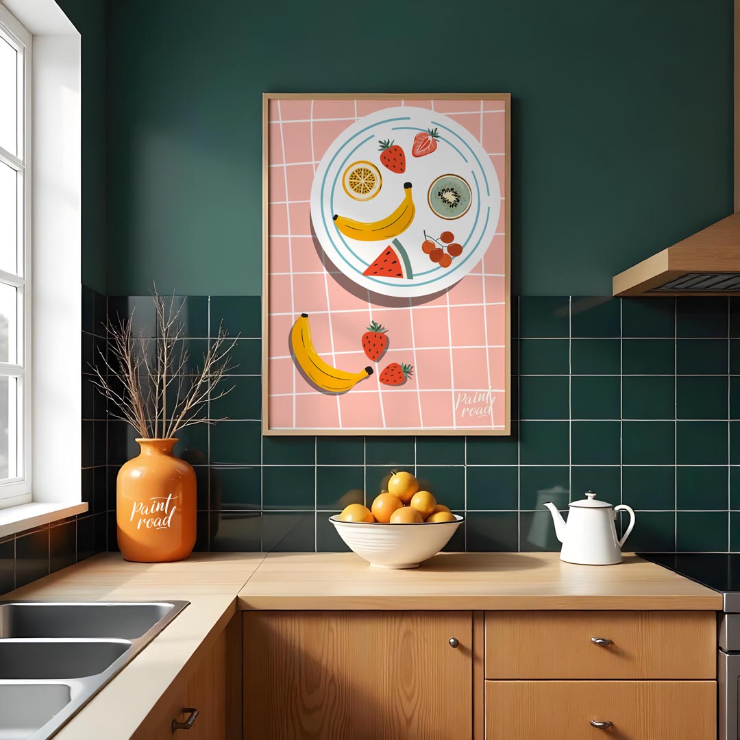 This vibrant and refreshing poster presents an artistic arrangement of various tropical fruits on a… for kitchen