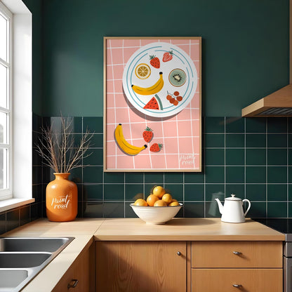 This vibrant and refreshing poster presents an artistic arrangement of various tropical fruits on a… for kitchen