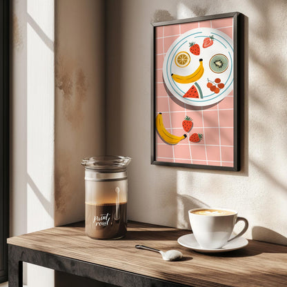 This vibrant and refreshing poster presents an artistic arrangement of various tropical fruits on a… for kitchen