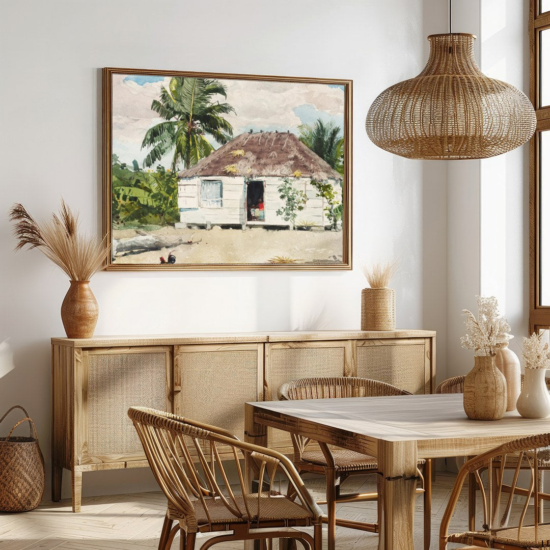 Immerse yourself in the serene beauty of this watercolor painting, showcasing a quaint hut for Dining