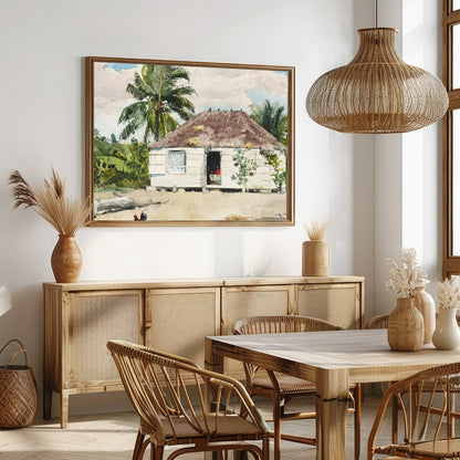 Immerse yourself in the serene beauty of this watercolor painting, showcasing a quaint hut for Dining