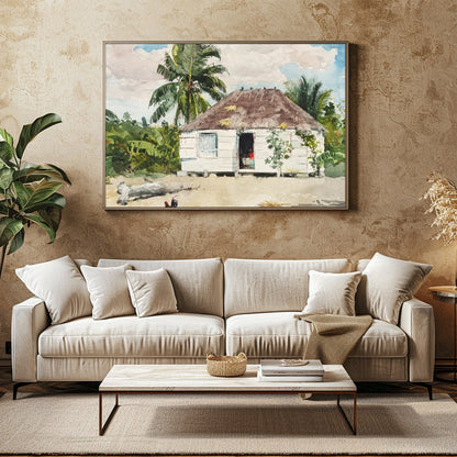 Immerse yourself in the serene beauty of this watercolor painting, showcasing a quaint hut for Family Room