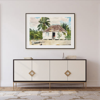 Immerse yourself in the serene beauty of this watercolor painting, showcasing a quaint hut for Foyer