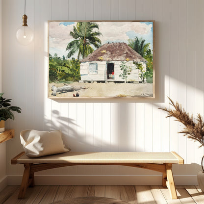 Immerse yourself in the serene beauty of this watercolor painting, showcasing a quaint hut for Hallway