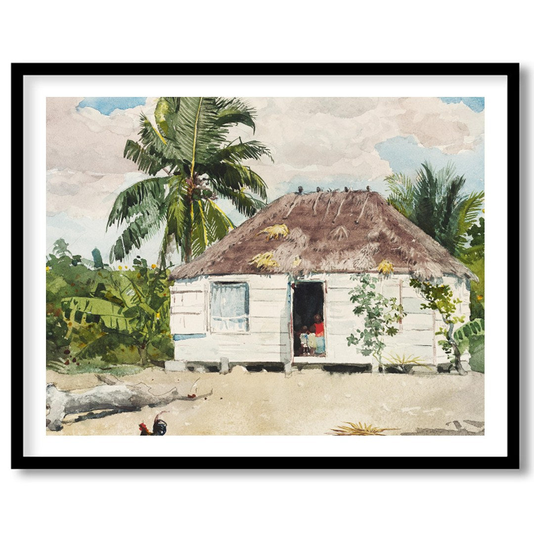 Immerse yourself in the serene beauty of this watercolor painting, showcasing a quaint hut for interior