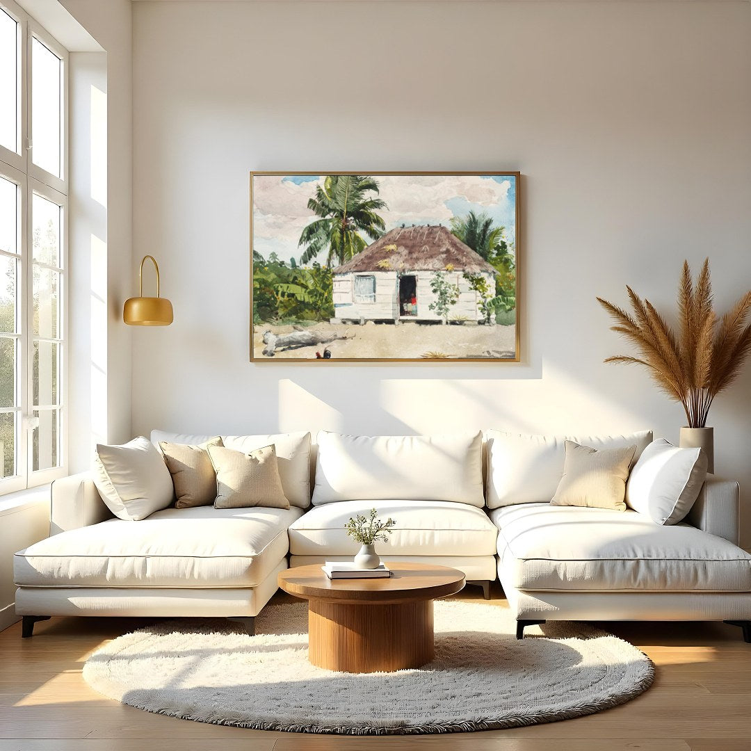 Immerse yourself in the serene beauty of this watercolor painting, showcasing a quaint hut for Living Room