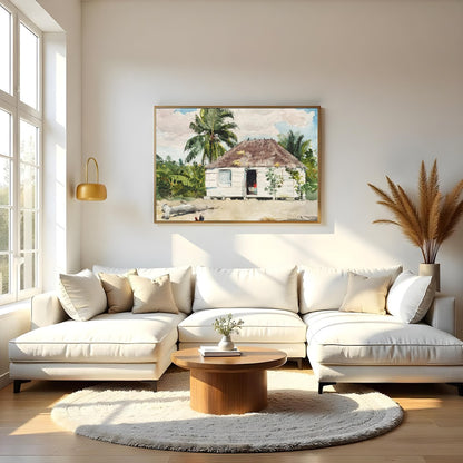 Immerse yourself in the serene beauty of this watercolor painting, showcasing a quaint hut for Living Room
