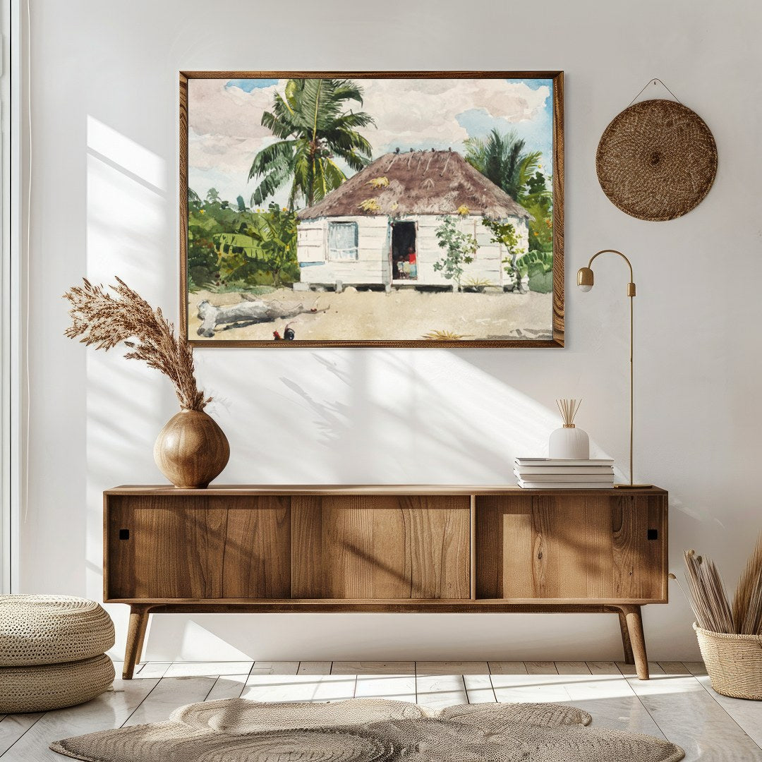 Immerse yourself in the serene beauty of this watercolor painting, showcasing a quaint hut for Sitting Area