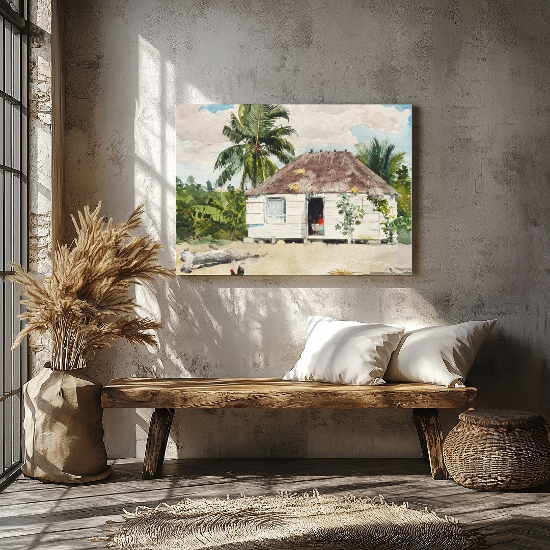 Immerse yourself in the serene beauty of this watercolor painting, showcasing a quaint hut for Veranda