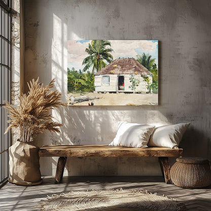 Immerse yourself in the serene beauty of this watercolor painting, showcasing a quaint hut for Veranda