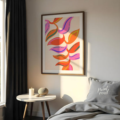 This vibrant digital illustration features a stylized botanical pattern with abstract leaf shapes r… for bedroom
