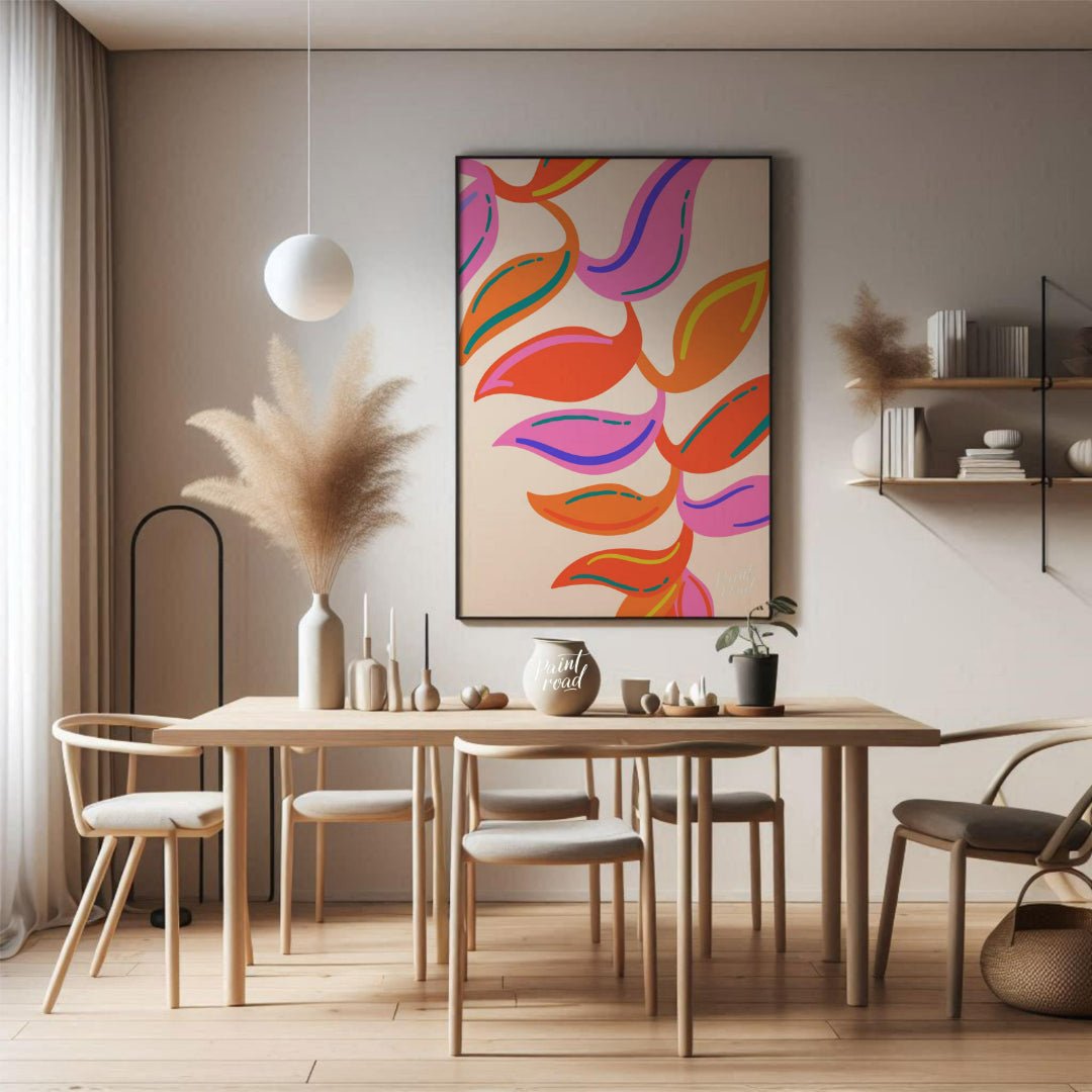 This vibrant digital illustration features a stylized botanical pattern with abstract leaf shapes r… for dining room