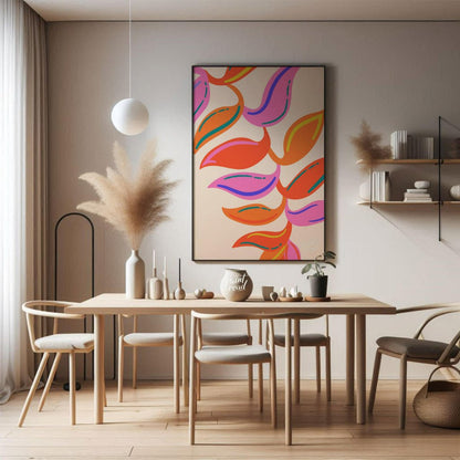 This vibrant digital illustration features a stylized botanical pattern with abstract leaf shapes r… for dining room