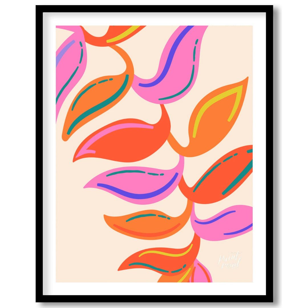 This vibrant digital illustration features a stylized botanical pattern with abstract leaf shapes r… for home