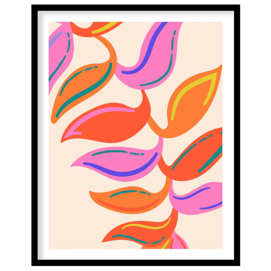 This vibrant digital illustration features a stylized botanical pattern with abstract leaf shapes r… for home