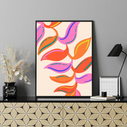 This vibrant digital illustration features a stylized botanical pattern with abstract leaf shapes r… for living room