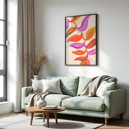 This vibrant digital illustration features a stylized botanical pattern with abstract leaf shapes r… for living room
