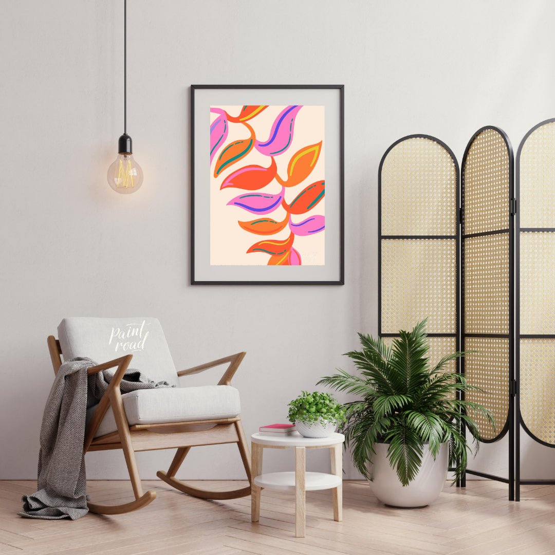 This vibrant digital illustration features a stylized botanical pattern with abstract leaf shapes r… for living room