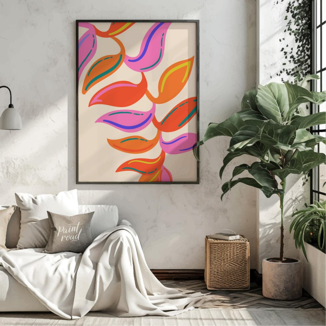 This vibrant digital illustration features a stylized botanical pattern with abstract leaf shapes r… for living room