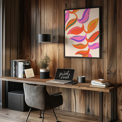This vibrant digital illustration features a stylized botanical pattern with abstract leaf shapes r… for office