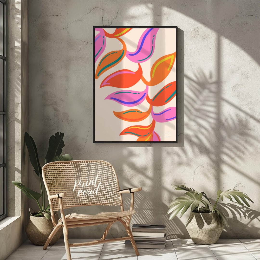 This vibrant digital illustration features a stylized botanical pattern with abstract leaf shapes r… for other
