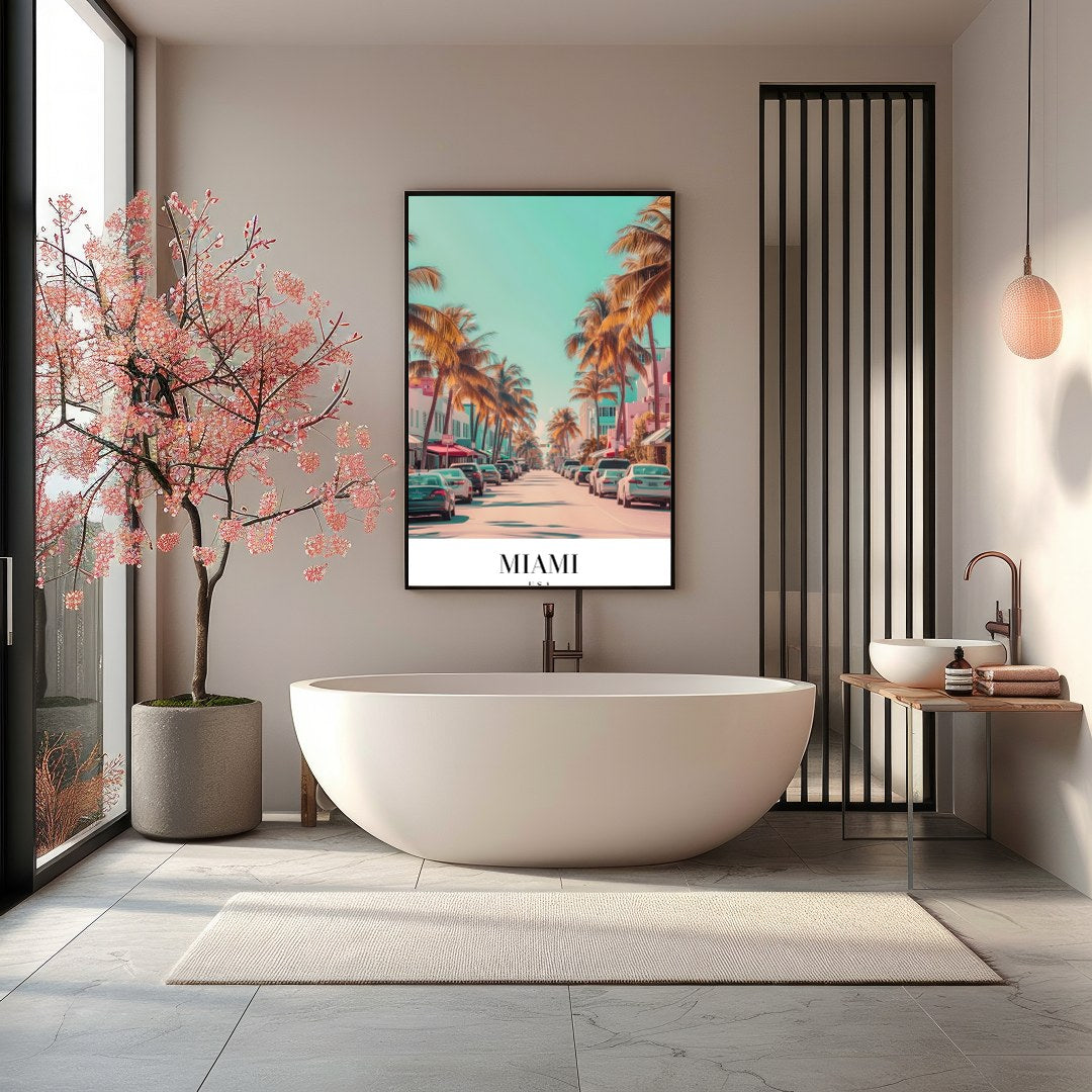 Capture the vibrant essence of Miami with this stunning wall art, showcasing palm-lined streets for Bathroom