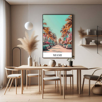 Capture the vibrant essence of Miami with this stunning wall art, showcasing palm-lined streets for Dining
