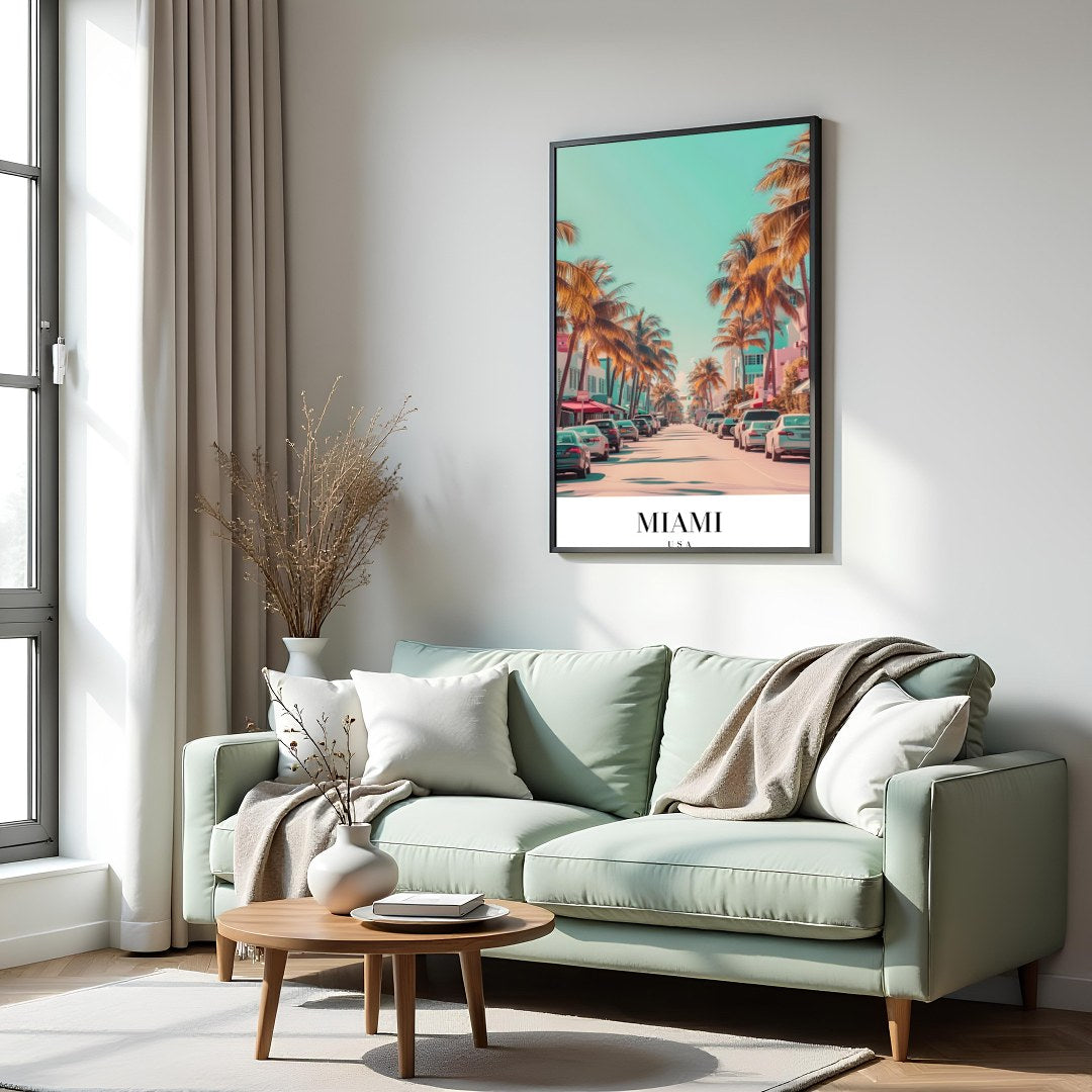 Capture the vibrant essence of Miami with this stunning wall art, showcasing palm-lined streets for Hall