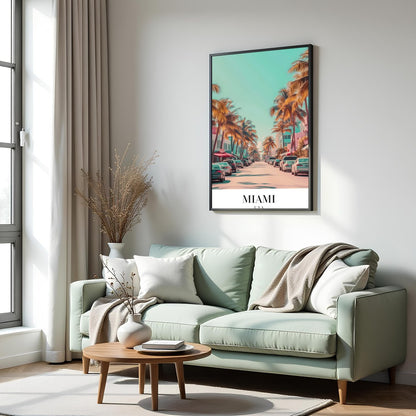 Capture the vibrant essence of Miami with this stunning wall art, showcasing palm-lined streets for Hall