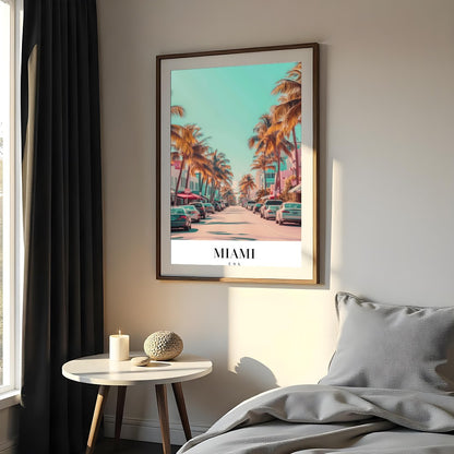 Capture the vibrant essence of Miami with this stunning wall art, showcasing palm-lined streets for Bedroom