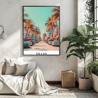 Capture the vibrant essence of Miami with this stunning wall art, showcasing palm-lined streets for Living Room