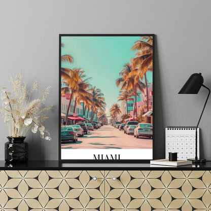 Capture the vibrant essence of Miami with this stunning wall art, showcasing palm-lined streets for Shelf