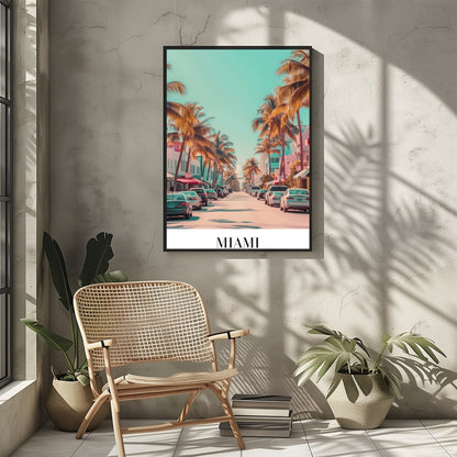 Capture the vibrant essence of Miami with this stunning wall art, showcasing palm-lined streets for Sitting Area