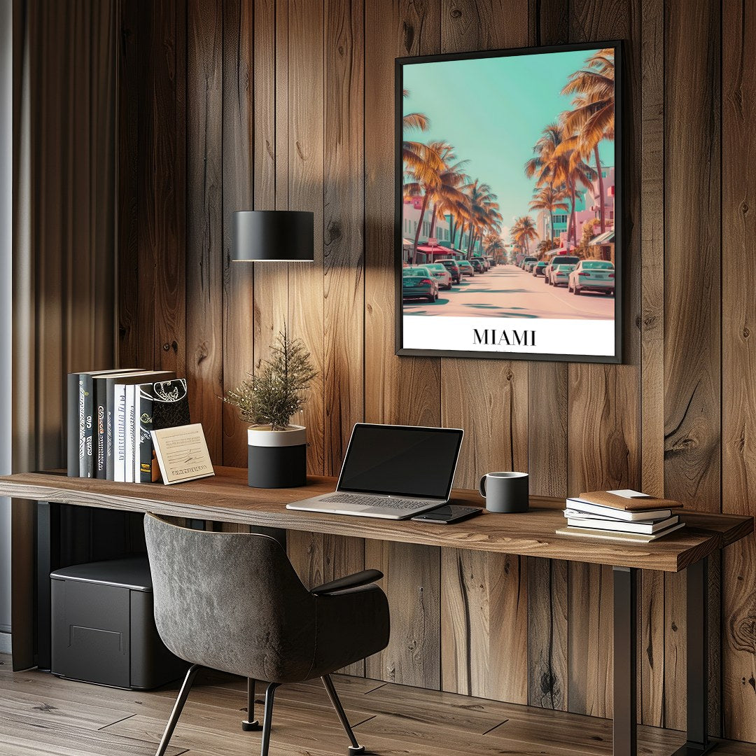 Capture the vibrant essence of Miami with this stunning wall art, showcasing palm-lined streets for Study and Office