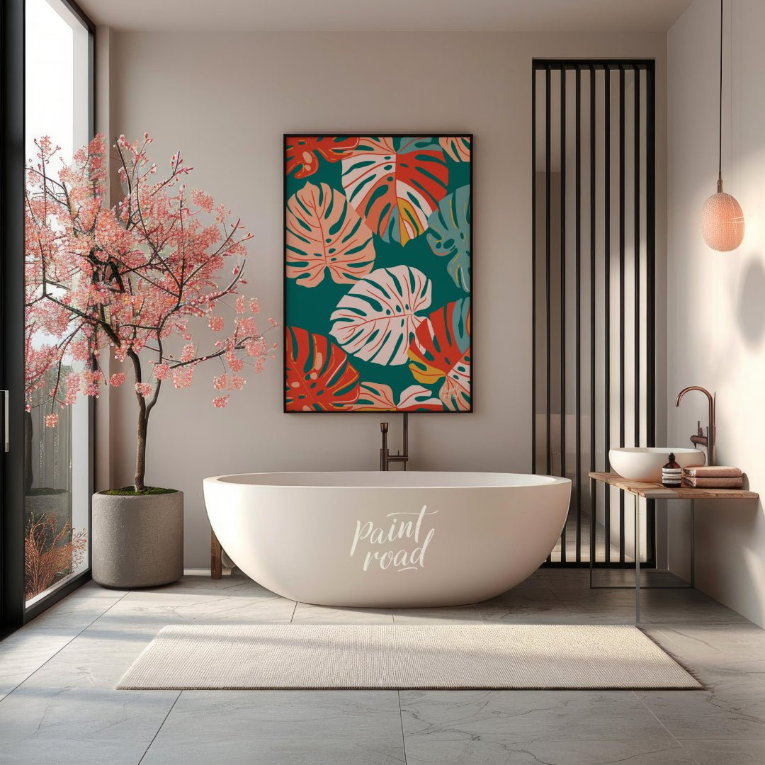 This vibrant digital pattern features a dense arrangement of stylized Monstera leaves, rendered in … for bathroom