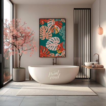 This vibrant digital pattern features a dense arrangement of stylized Monstera leaves, rendered in … for bathroom