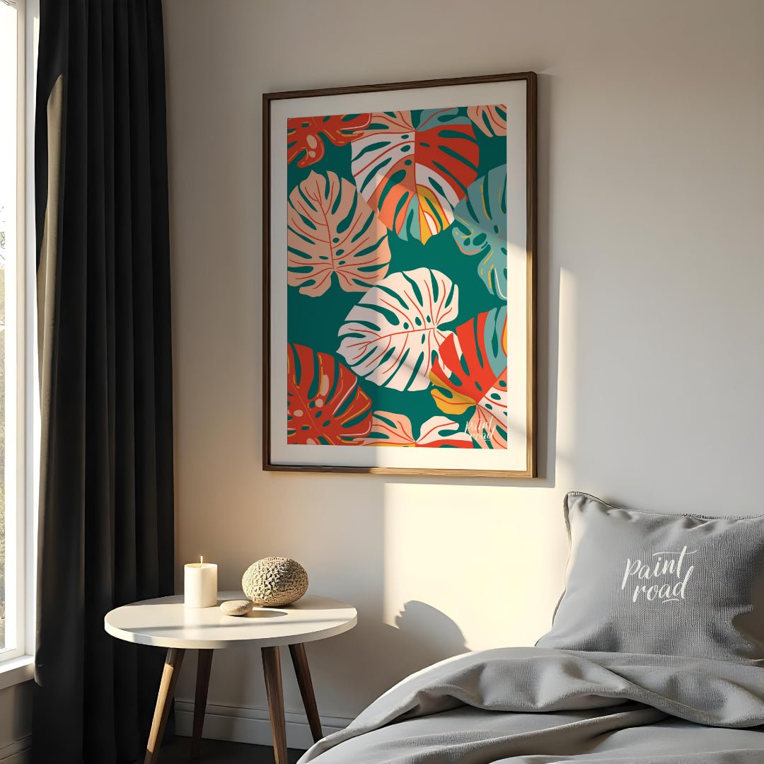 This vibrant digital pattern features a dense arrangement of stylized Monstera leaves, rendered in … for bedroom