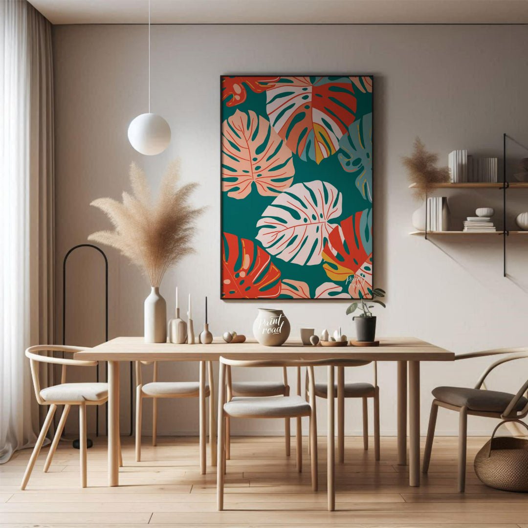 This vibrant digital pattern features a dense arrangement of stylized Monstera leaves, rendered in … for dining room
