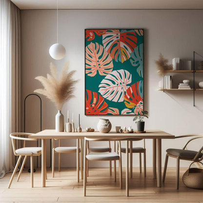 This vibrant digital pattern features a dense arrangement of stylized Monstera leaves, rendered in … for dining room