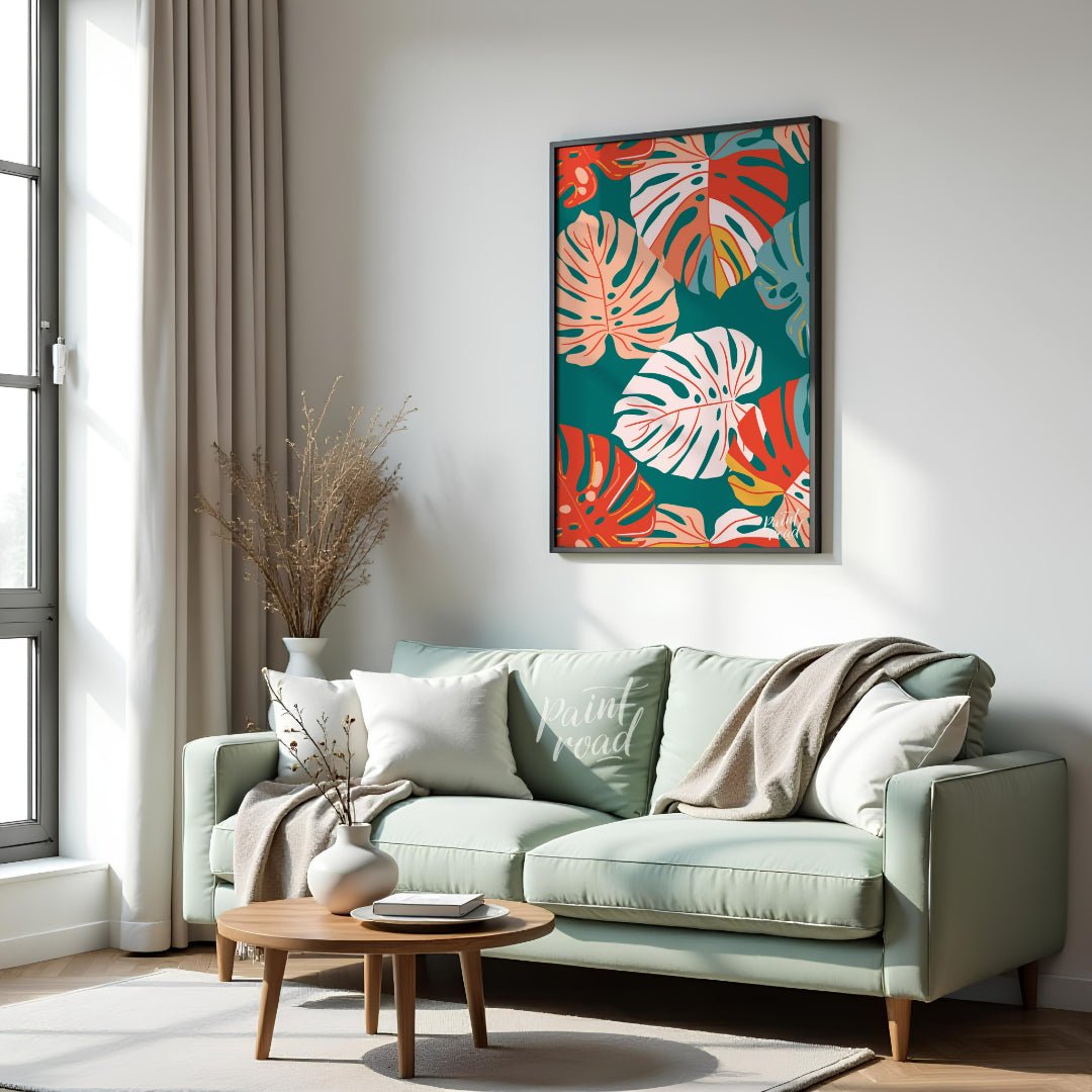 This vibrant digital pattern features a dense arrangement of stylized Monstera leaves, rendered in … for living room