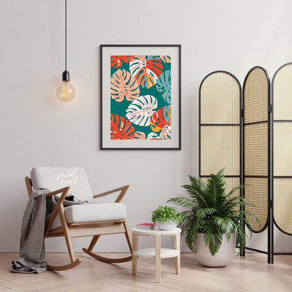 This vibrant digital pattern features a dense arrangement of stylized Monstera leaves, rendered in … for living room